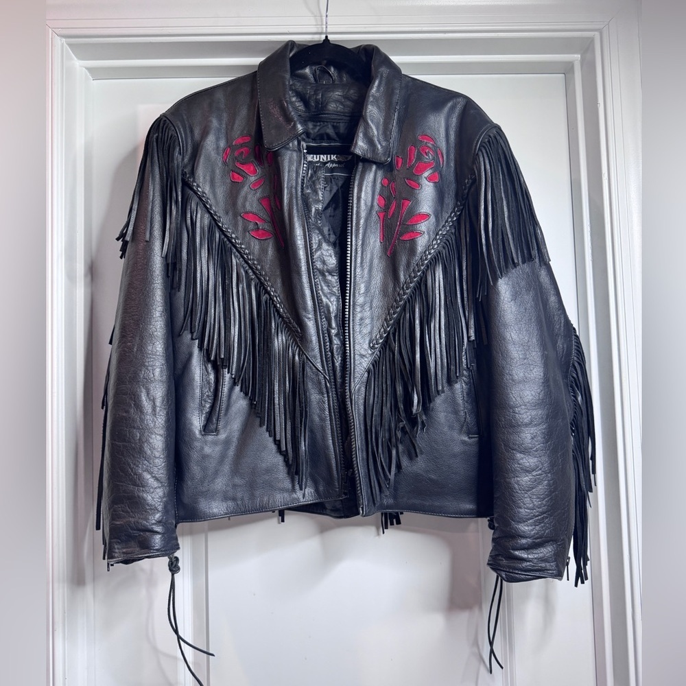 Vintage Unik Leather Fringe Motorcycle Coat for Men / Women Size Large w/ Liner